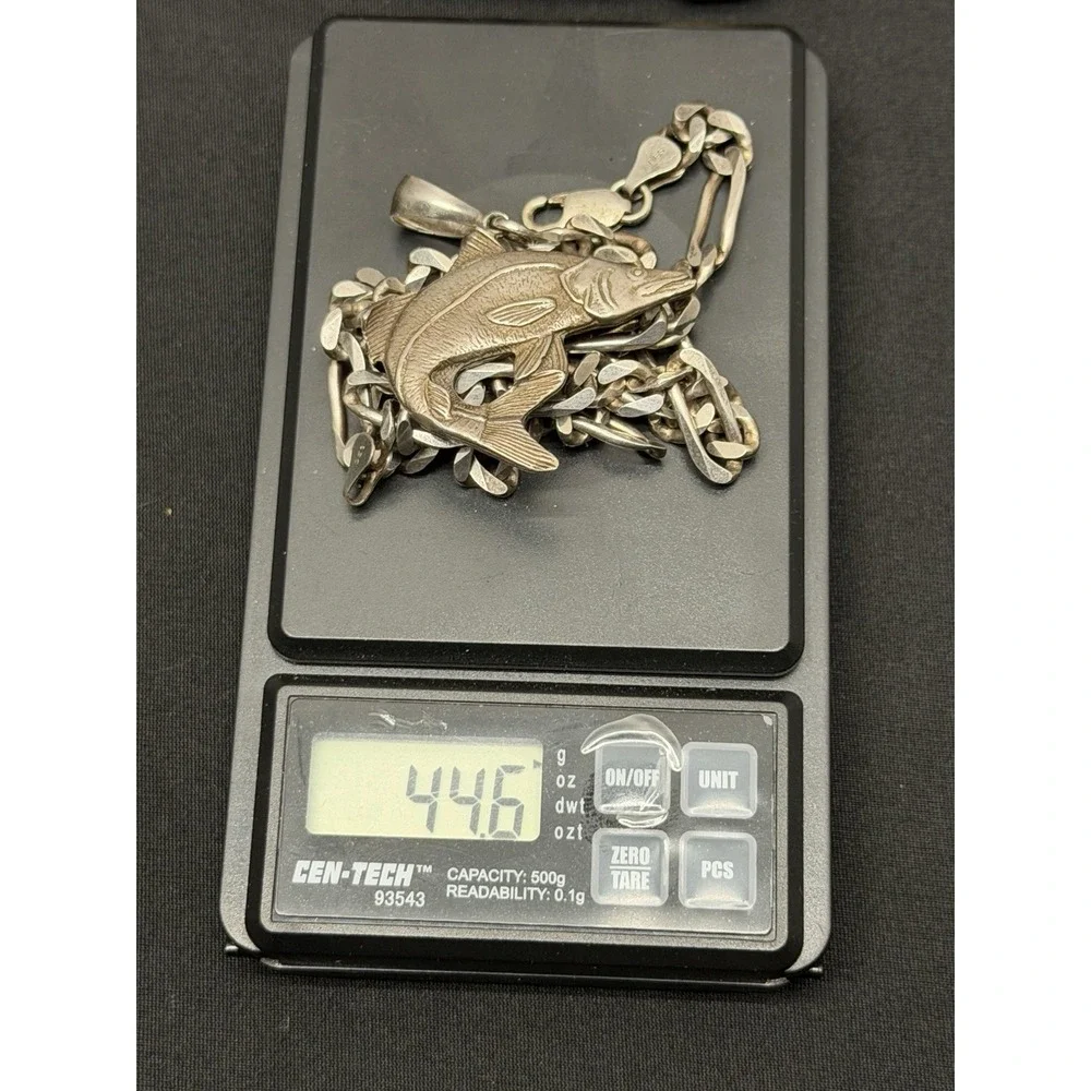 44.6g Solid 925 Sterling Silver 22in Figaro Chain W/ Snook Pendant Italy DES